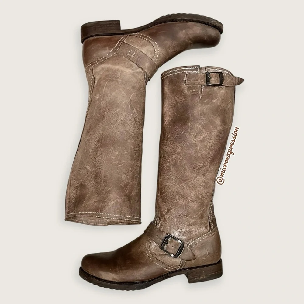 $399 Frye Veronica Slouch Tan Brown Tan Leather Engineer Moto Tall Buckle Boot